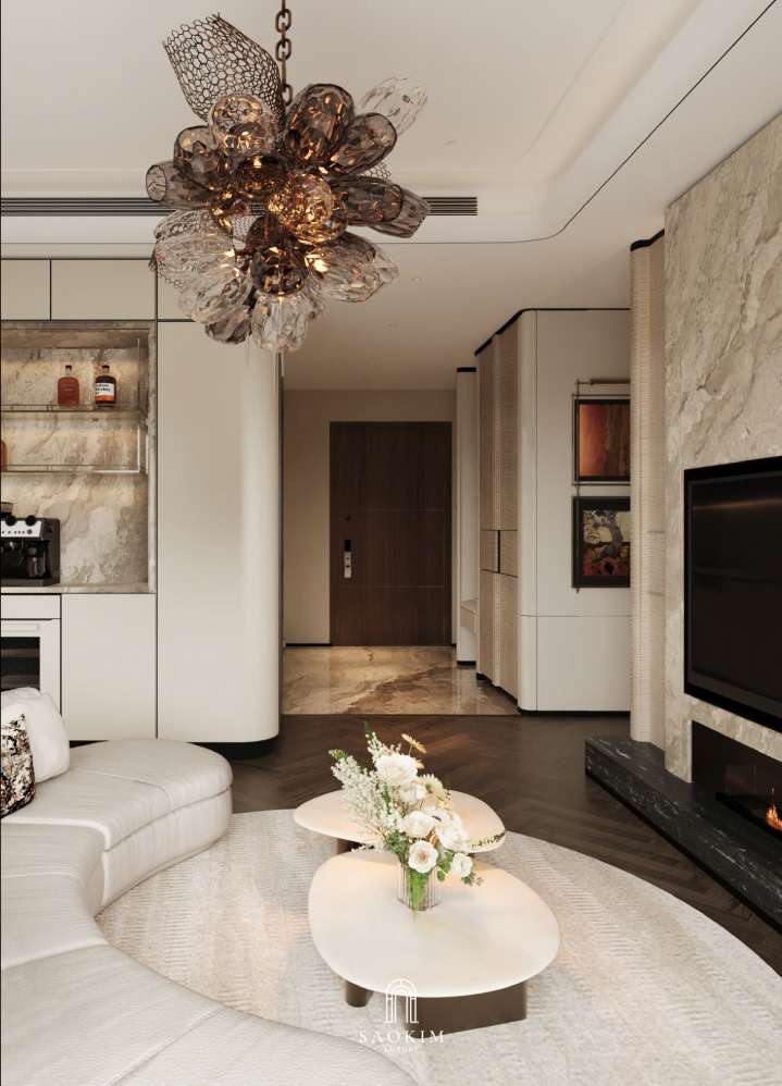 Không gian nội thất phòng khách hiện đại trong thiết kế nội thất chung cư cao cấp Lumière Evergreen phong cách Quiet Luxury

